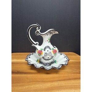 Vtg Vestal Alcobaca Portuguese Pitcher & Plate Art Pottery  Black & White